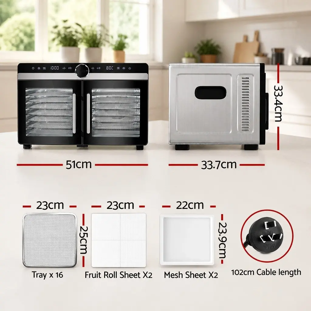 Food Dehydrator Silver 16 Trays Stainless Steel Dual-Zone Large Capacity LED Control