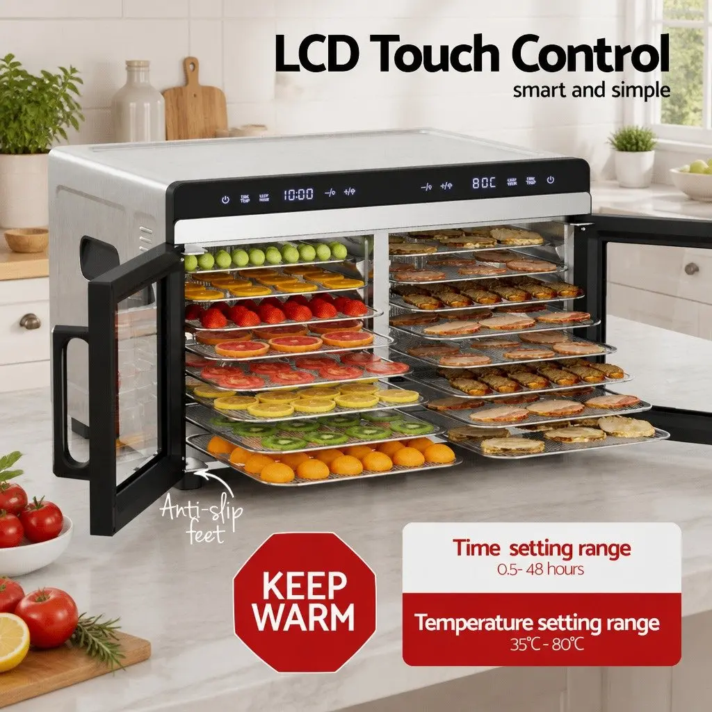 Food Dehydrator Silver 16 Trays Stainless Steel Dual-Zone Large Capacity LED Control