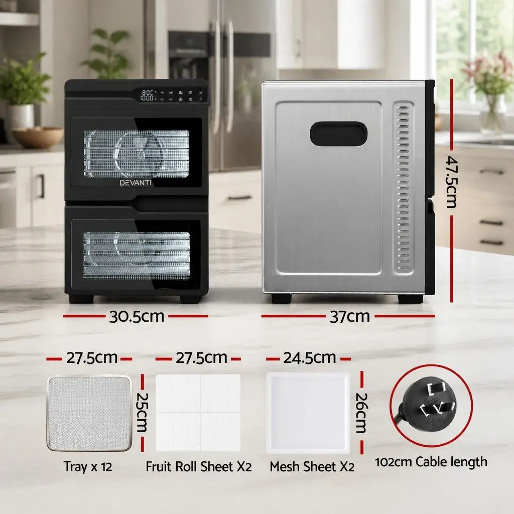 Food Dehydrator Silver 12 Trays Dual-Zone Stainless Steel LED Control