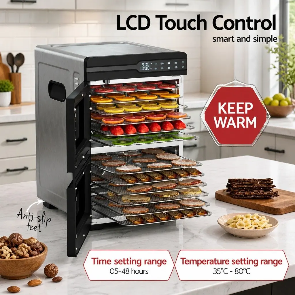Food Dehydrator Silver 12 Trays Dual-Zone Stainless Steel LED Control