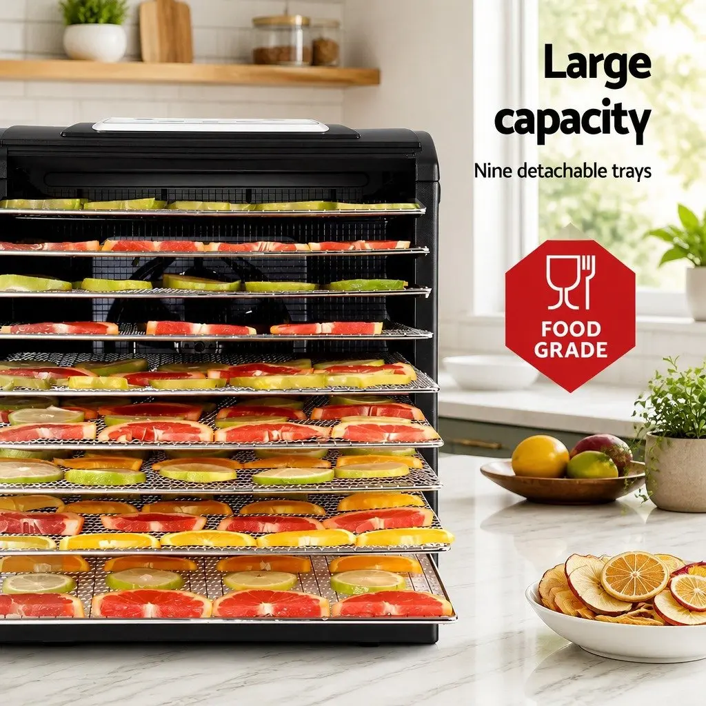 Food Dehydrator Silver 9 Trays LCD Touch Control Adjustable Timer Stainless Steel