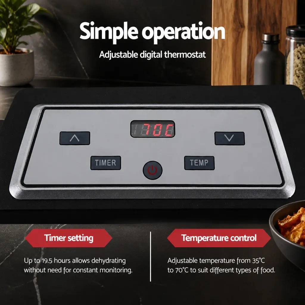 Food Dehydrator Silver 9 Trays LCD Touch Control Adjustable Timer Stainless Steel