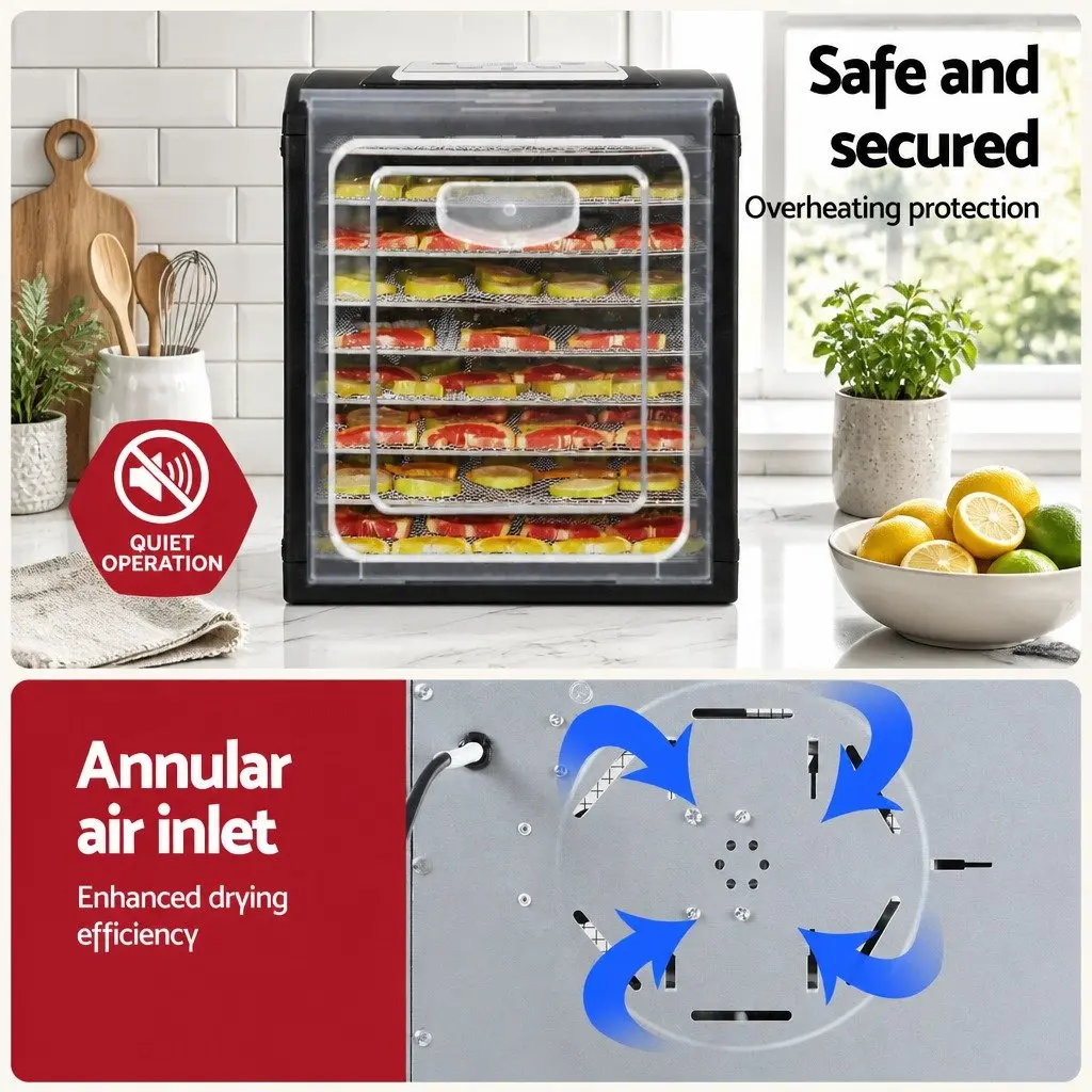 Food Dehydrator Silver 9 Trays LCD Touch Control Adjustable Timer Stainless Steel