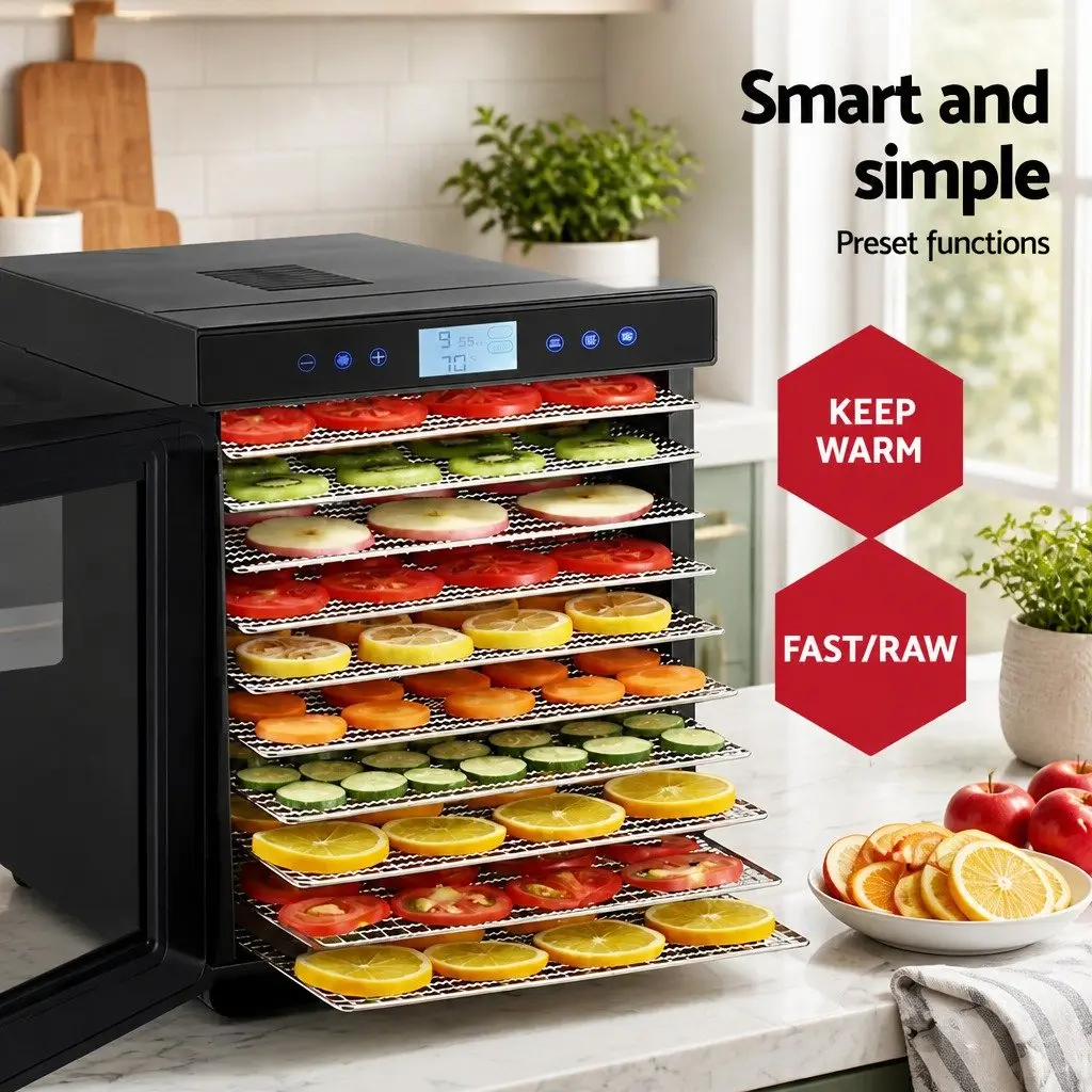 Food Dehydrator Silver 10 Trays Digital Temperature Control Adjustable Timer