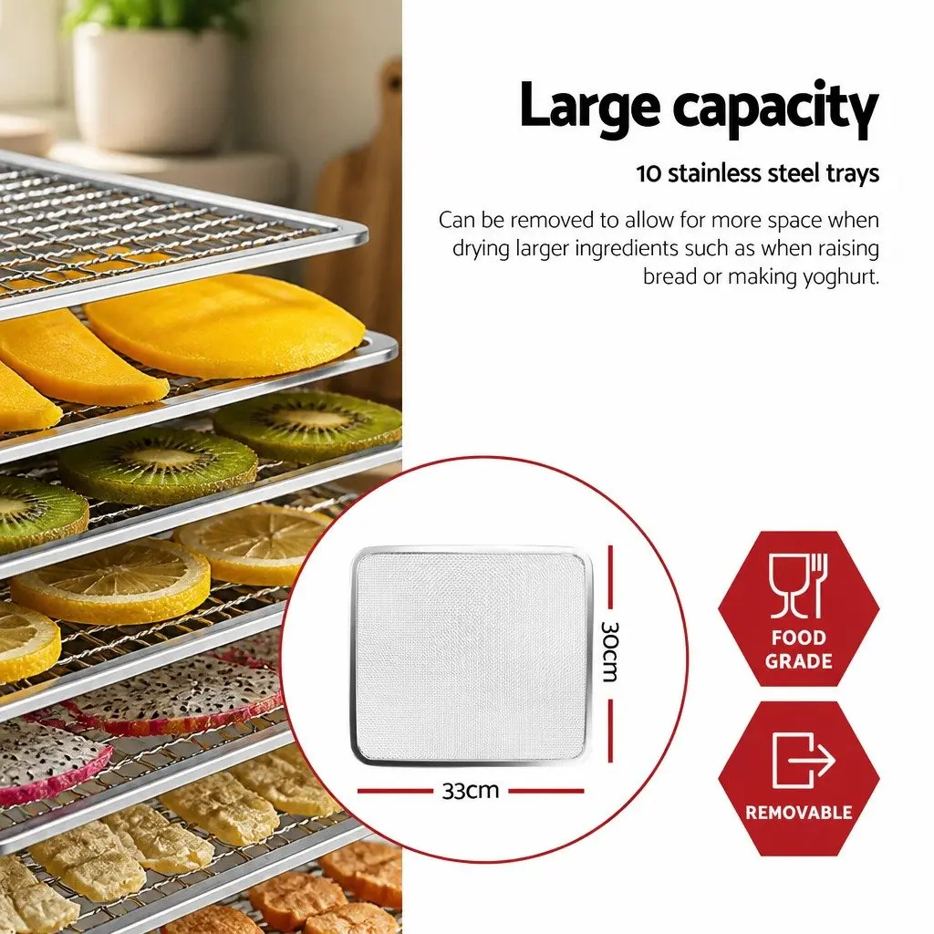 Food Dehydrator Silver 10 Trays Digital Temperature Control Adjustable Timer
