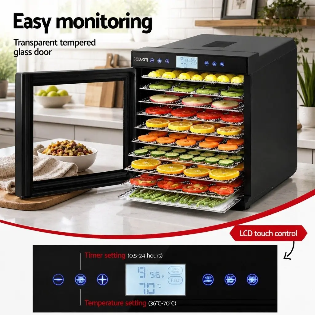 Food Dehydrator Silver 10 Trays Digital Temperature Control Adjustable Timer