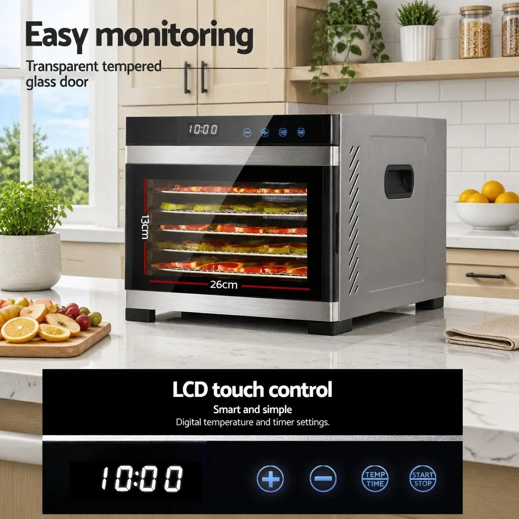 Food Dehydrator Silver 6 Tray Stainless Steel LCD Touch Control Adjustable Temperature