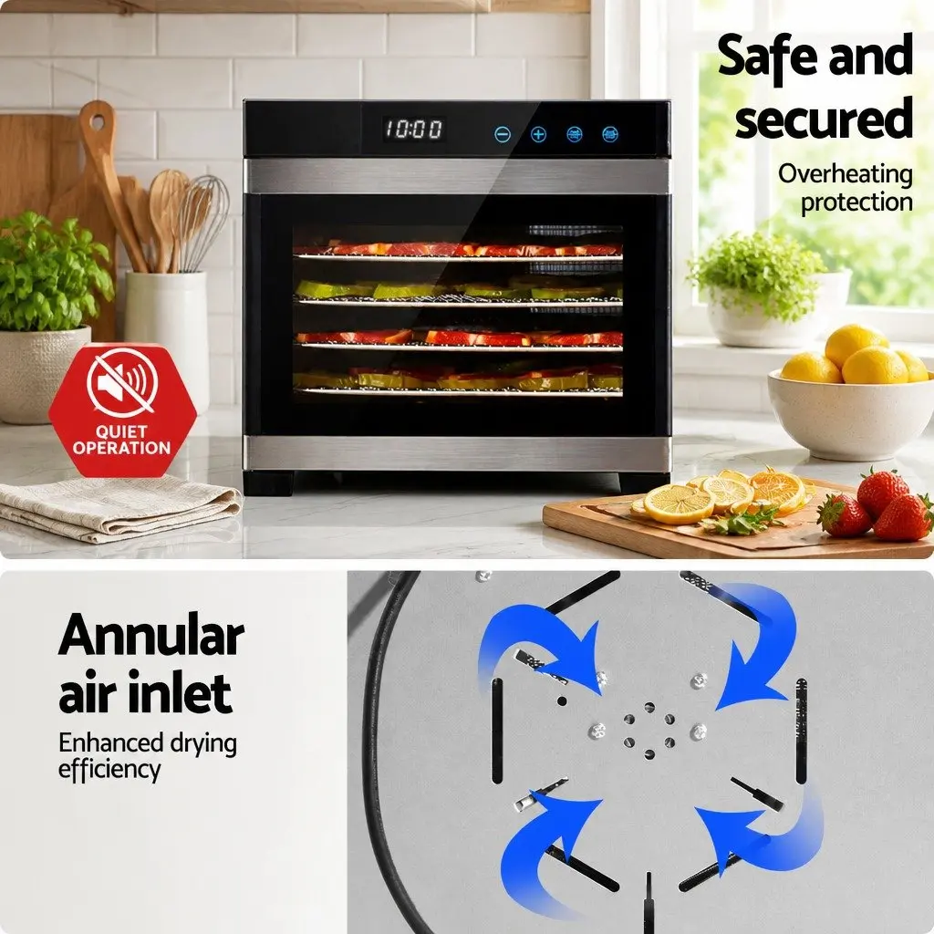 Food Dehydrator Silver 6 Tray Stainless Steel LCD Touch Control Adjustable Temperature