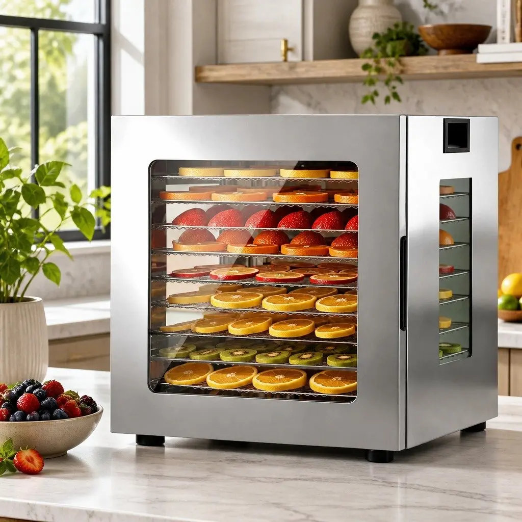 10 Tray Food Dehydrator Silver Stainless Steel Glass Door LED Touch Control