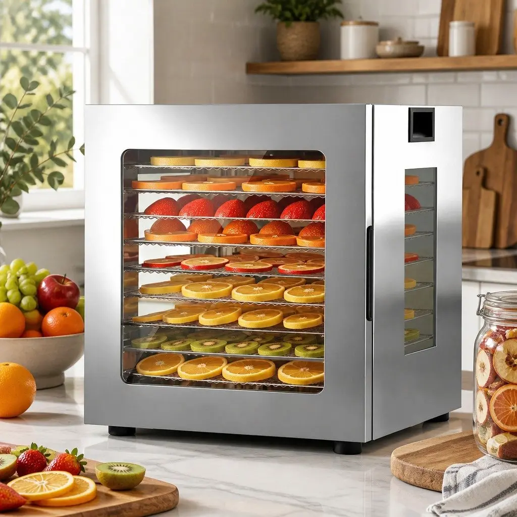 10 Tray Food Dehydrator Silver Stainless Steel Glass Door LED Touch Control