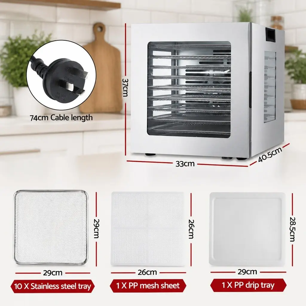 10 Tray Food Dehydrator Silver Stainless Steel Glass Door LED Touch Control