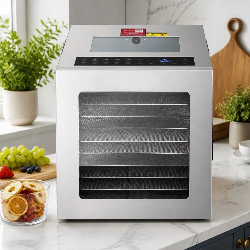 10 Tray Food Dehydrator Silver Stainless Steel Glass Door LED Touch Control