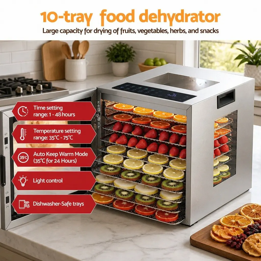 10 Tray Food Dehydrator Silver Stainless Steel Glass Door LED Touch Control