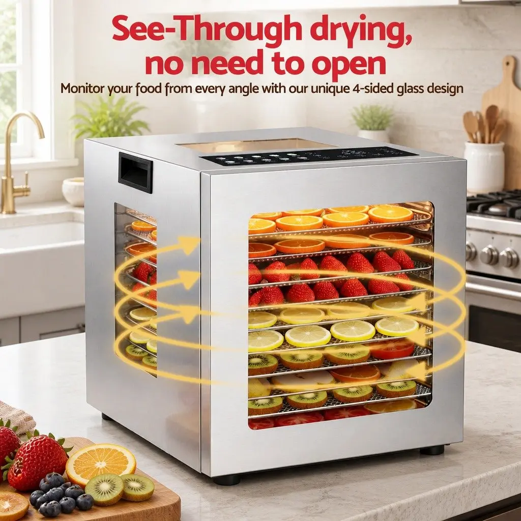 10 Tray Food Dehydrator Silver Stainless Steel Glass Door LED Touch Control