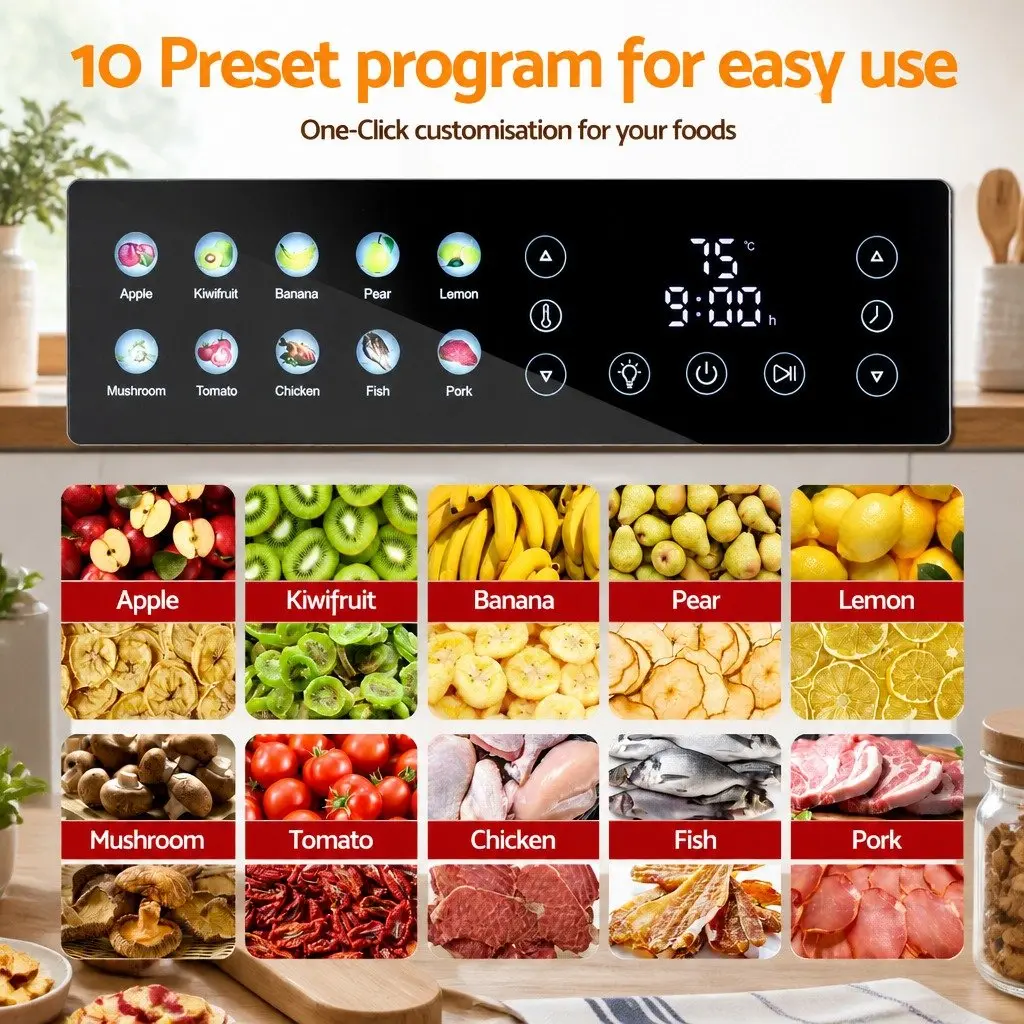 10 Tray Food Dehydrator Silver Stainless Steel Glass Door LED Touch Control