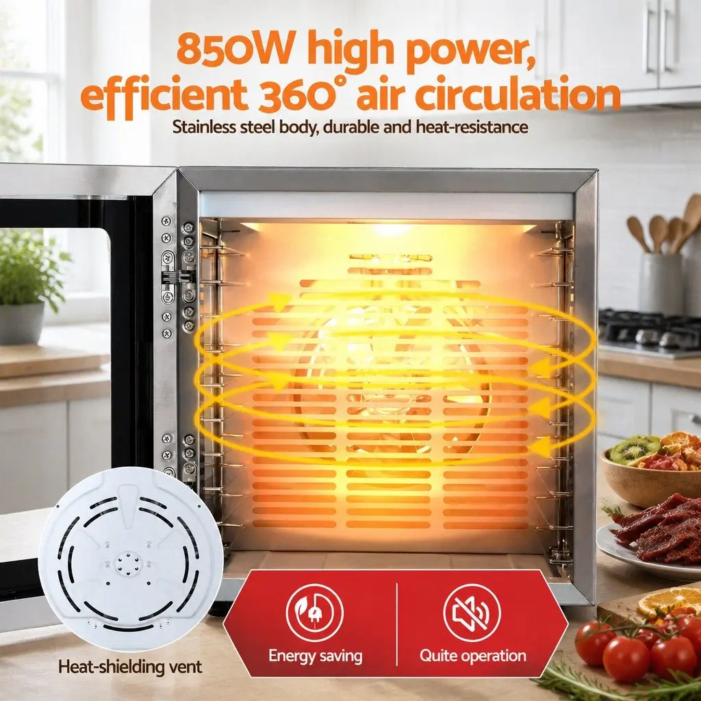 10 Tray Food Dehydrator Silver Stainless Steel Glass Door LED Touch Control
