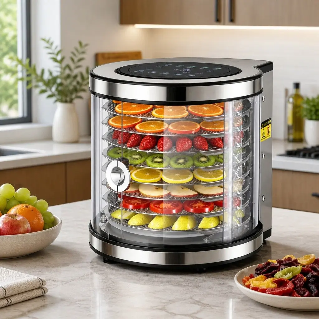 Food Dehydrator Silver 8 Trays 360-Degree Auto-Rotate LED Touch Panel
