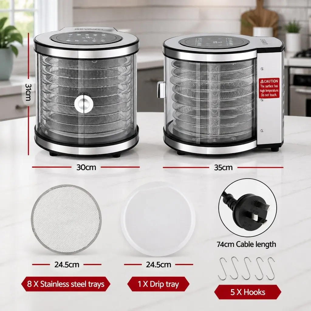 Food Dehydrator Silver 8 Trays 360-Degree Auto-Rotate LED Touch Panel