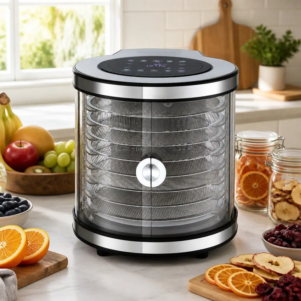 Food Dehydrator Silver 8 Trays 360-Degree Auto-Rotate LED Touch Panel