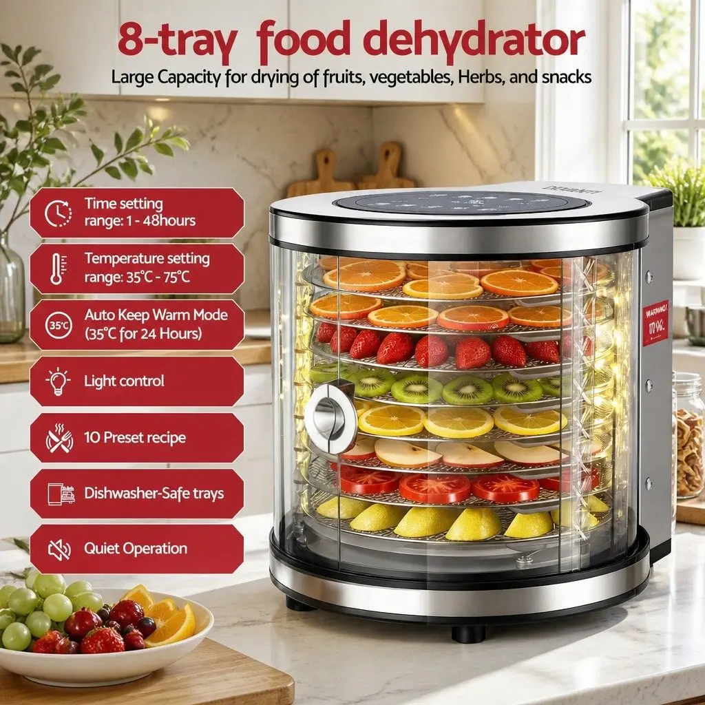 Food Dehydrator Silver 8 Trays 360-Degree Auto-Rotate LED Touch Panel