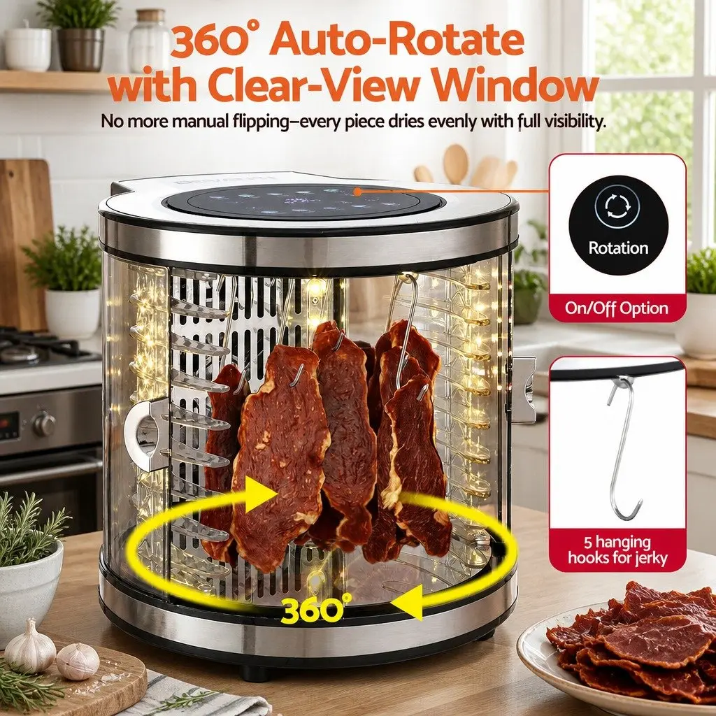 Food Dehydrator Silver 8 Trays 360-Degree Auto-Rotate LED Touch Panel