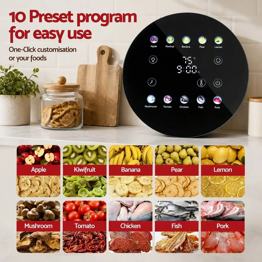 Food Dehydrator Silver 8 Trays 360-Degree Auto-Rotate LED Touch Panel