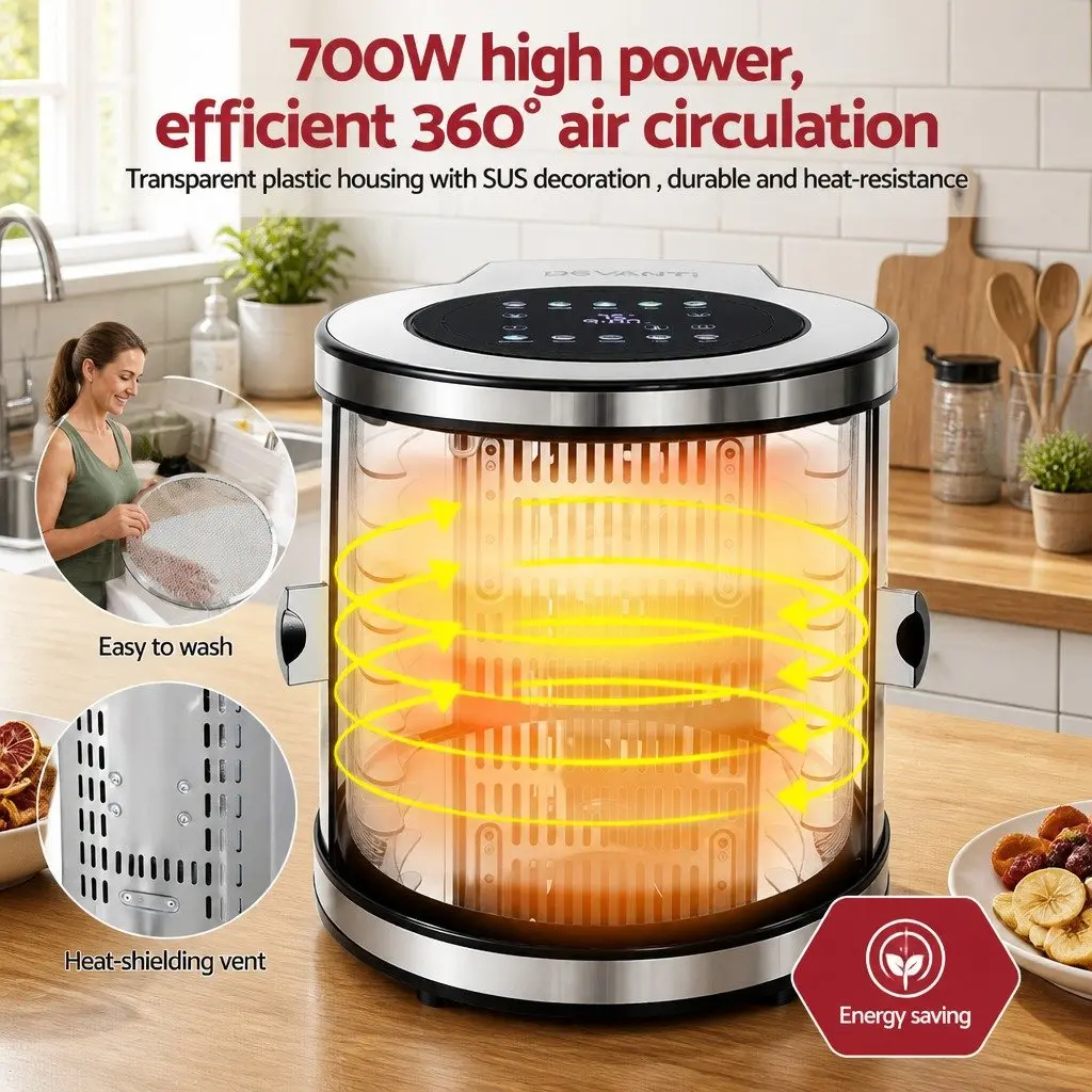 Food Dehydrator Silver 8 Trays 360-Degree Auto-Rotate LED Touch Panel