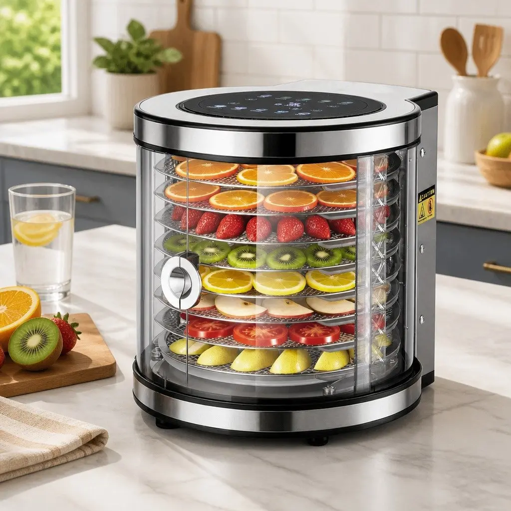 Food Dehydrator Silver 8 Trays 360-Degree Auto-Rotate LED Touch Panel