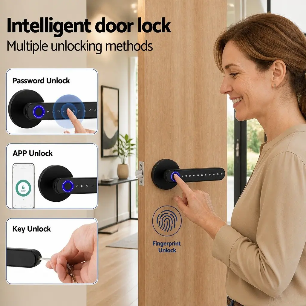 Fingerprint Door Lock Black Smart Electronic Handle Keyless Access Bluetooth App