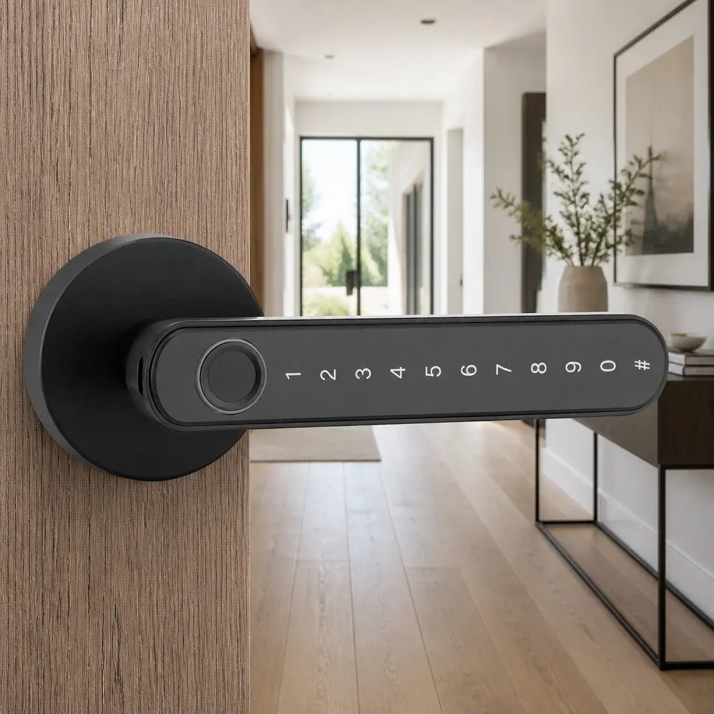 Fingerprint Door Lock Black Smart Electronic Handle Keyless Access Bluetooth App