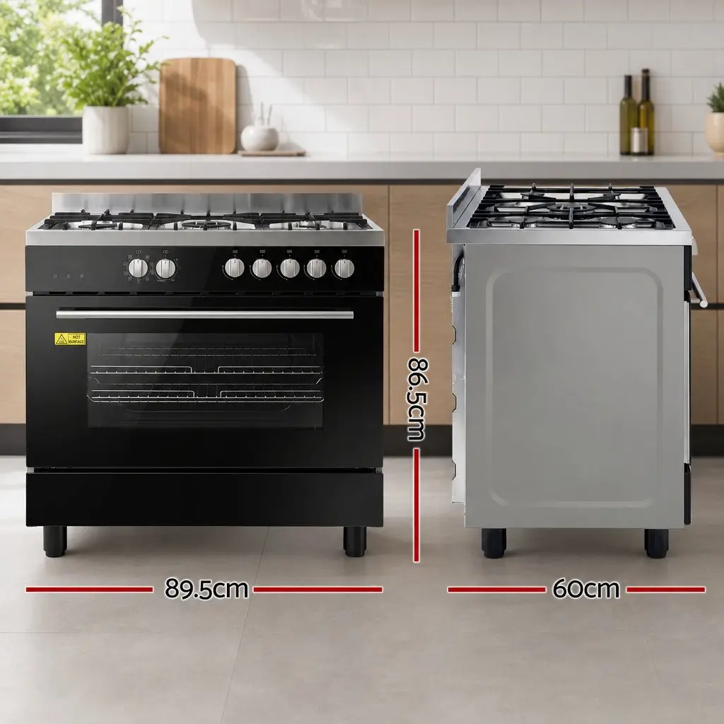90cm Freestanding Cooker Black 5 Burner Gas Cooktop Electric Oven 121L Capacity
