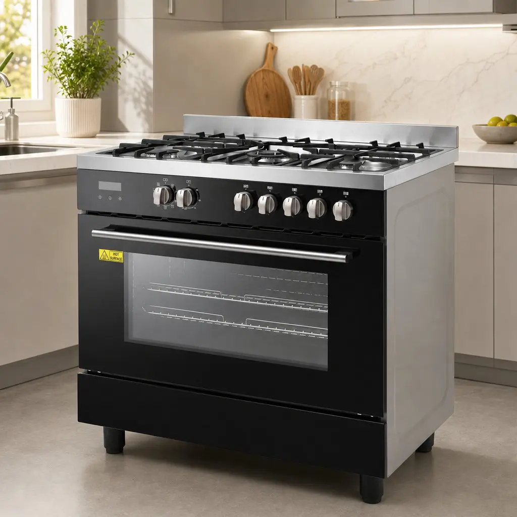 90cm Freestanding Cooker Black 5 Burner Gas Cooktop Electric Oven 121L Capacity