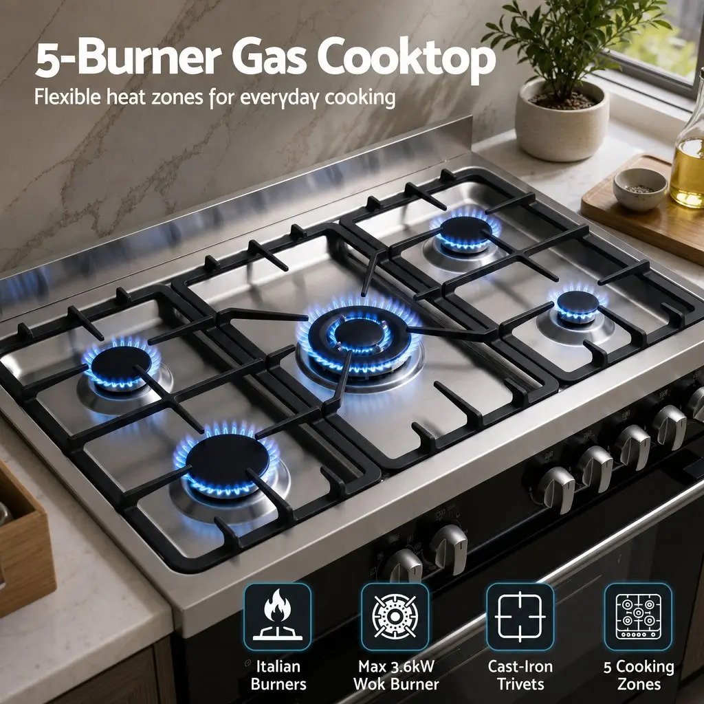 90cm Freestanding Cooker Black 5 Burner Gas Cooktop Electric Oven 121L Capacity