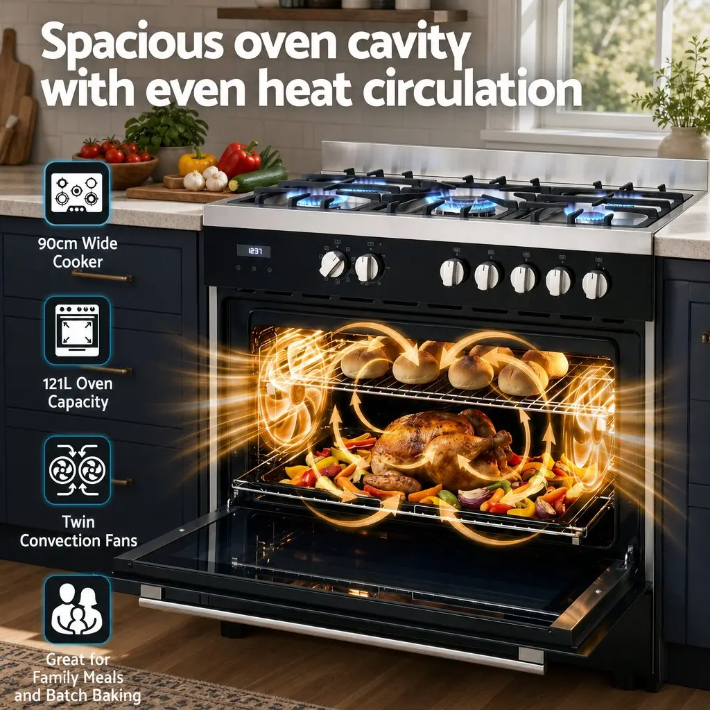 90cm Freestanding Cooker Black 5 Burner Gas Cooktop Electric Oven 121L Capacity
