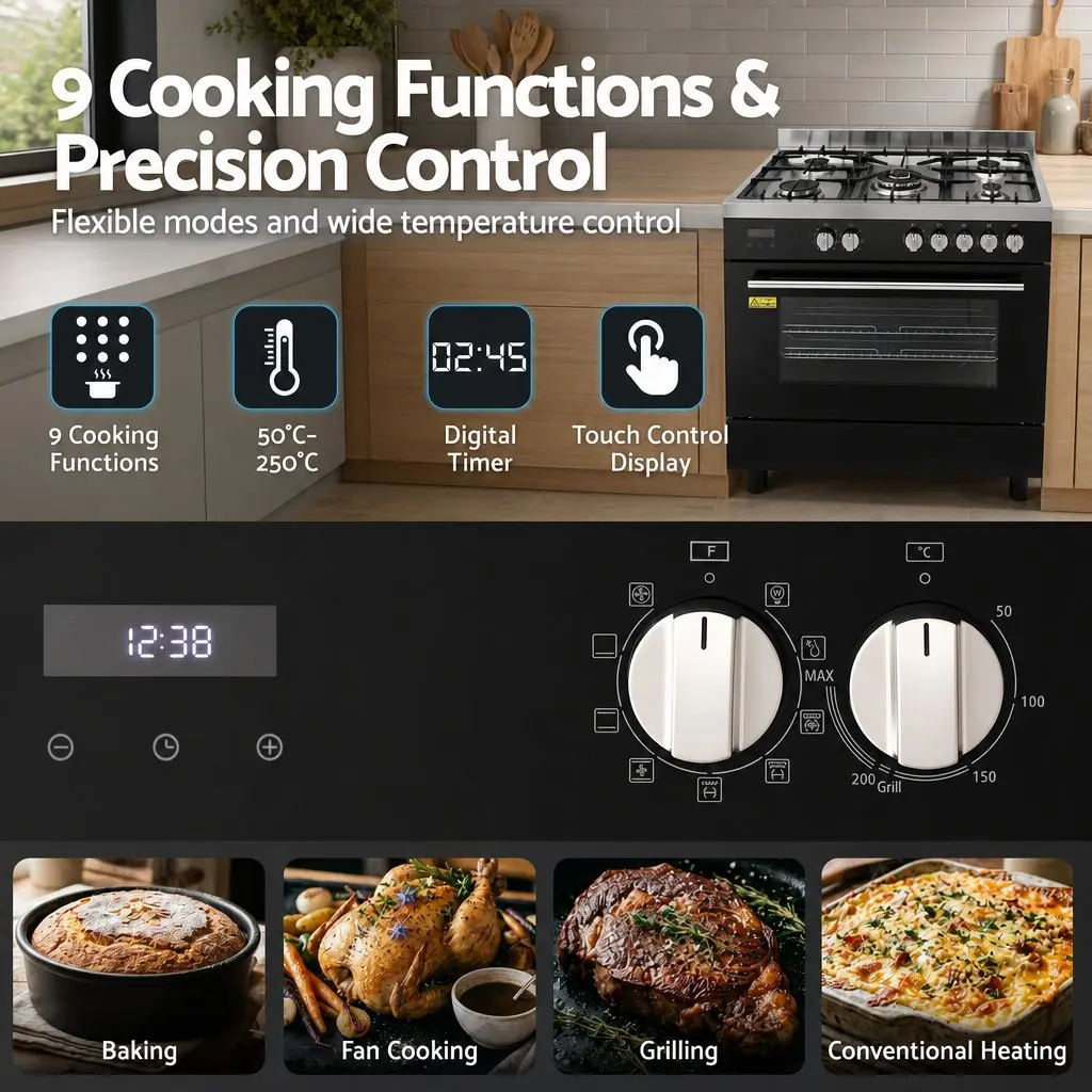 90cm Freestanding Cooker Black 5 Burner Gas Cooktop Electric Oven 121L Capacity