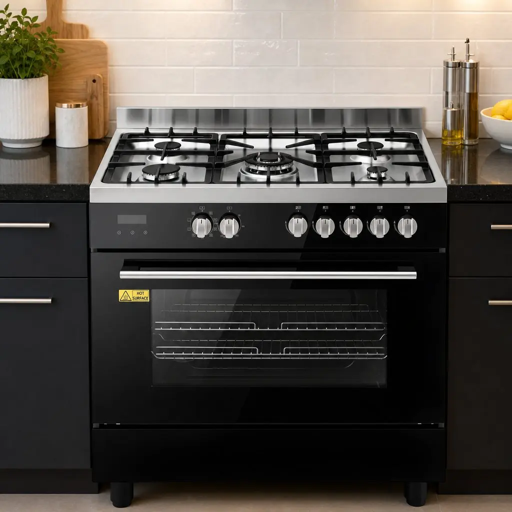 90cm Freestanding Cooker Black 5 Burner Gas Cooktop Electric Oven 121L Capacity