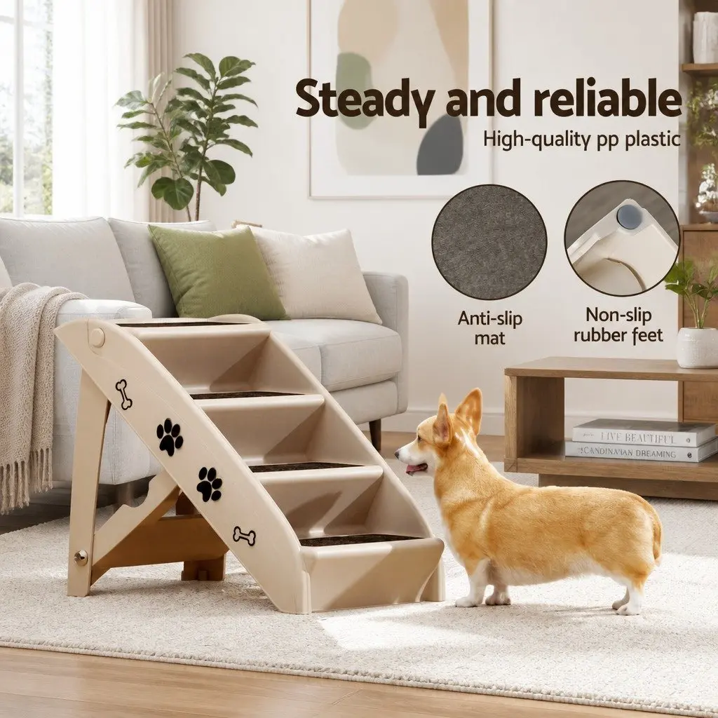 Dog Ramp Steps Stairs Portable Foldable Pet Bed Sofa Car Access Beige