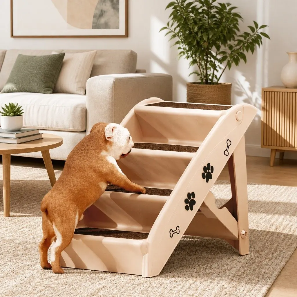 Dog Ramp Steps Stairs Portable Foldable Pet Bed Sofa Car Access Beige