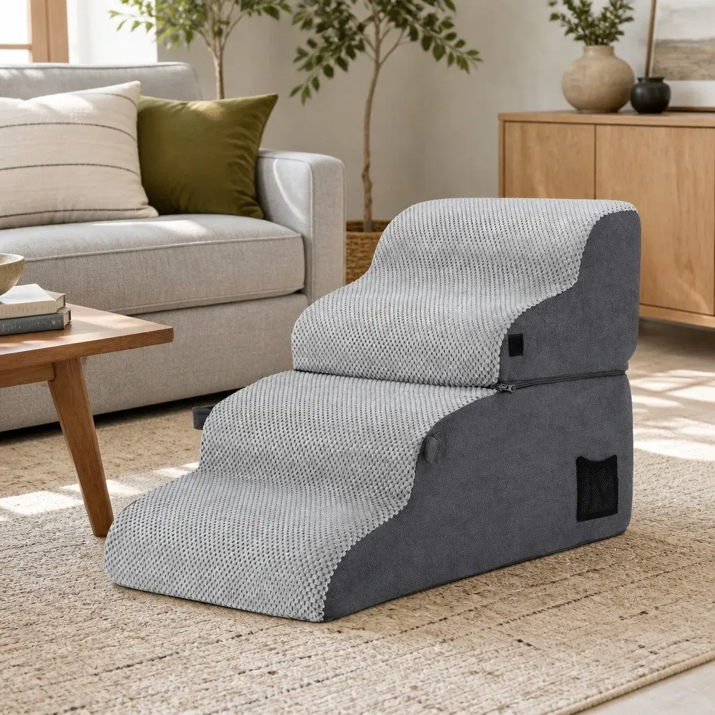 Dog Stairs and Bed Grey 40cm x 71cm x 50cm 2-in-1 Foam Non-Slip Washable