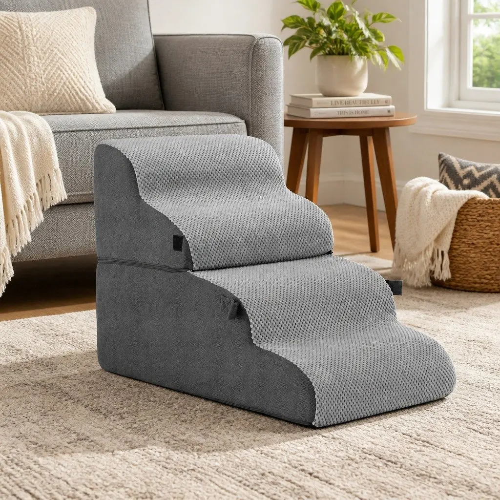 Dog Stairs and Bed Grey 40cm x 71cm x 50cm 2-in-1 Foam Non-Slip Washable