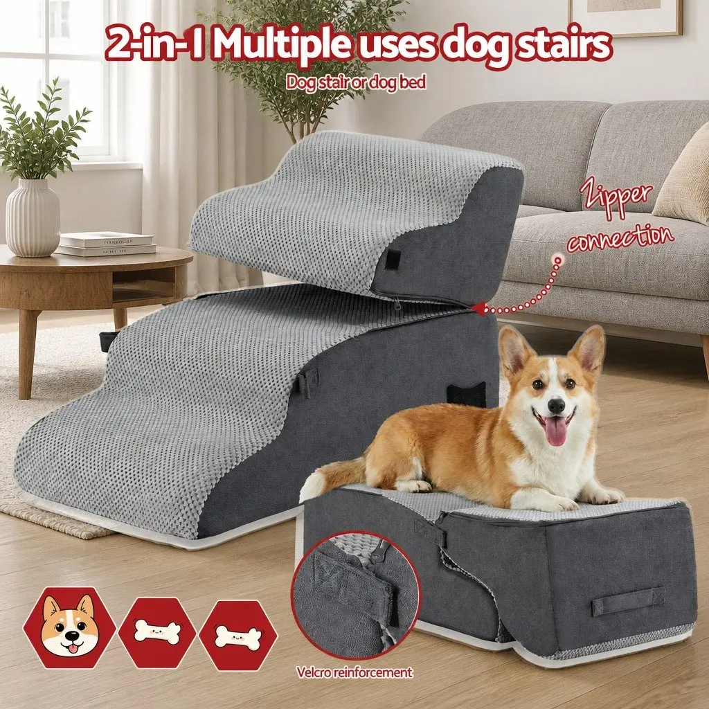 Dog Stairs and Bed Grey 40cm x 71cm x 50cm 2-in-1 Foam Non-Slip Washable