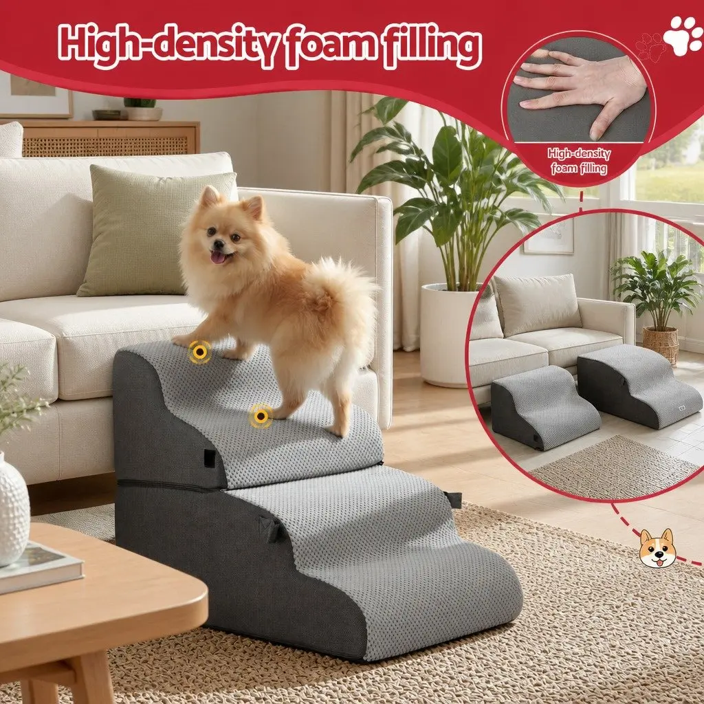 Dog Stairs and Bed Grey 40cm x 71cm x 50cm 2-in-1 Foam Non-Slip Washable