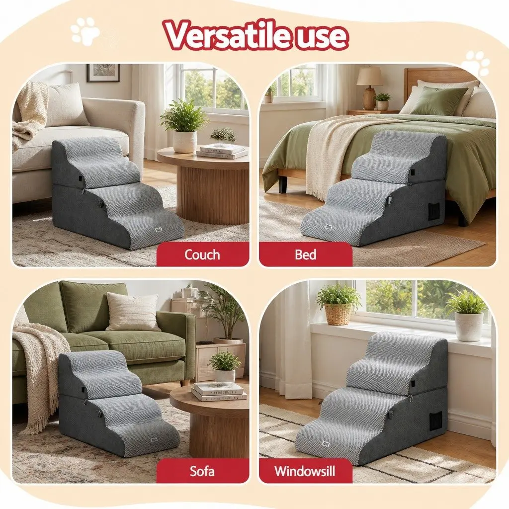 Dog Stairs and Bed Grey 40cm x 71cm x 50cm 2-in-1 Foam Non-Slip Washable