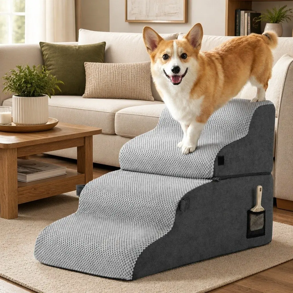 Dog Stairs and Bed Grey 40cm x 71cm x 50cm 2-in-1 Foam Non-Slip Washable