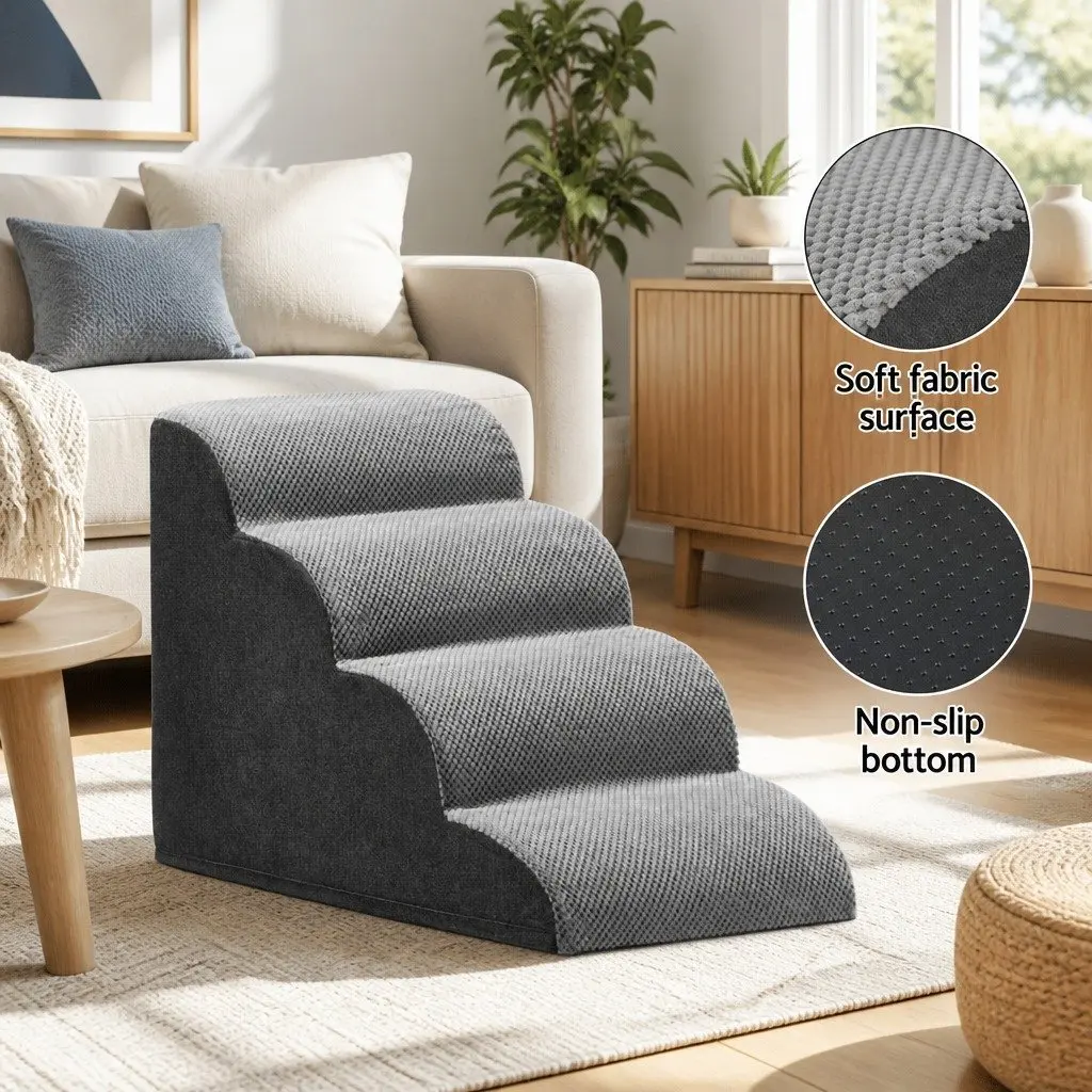 Dog Steps Ramp Grey 4 Tier Foam Non-Slip Portable Indoor