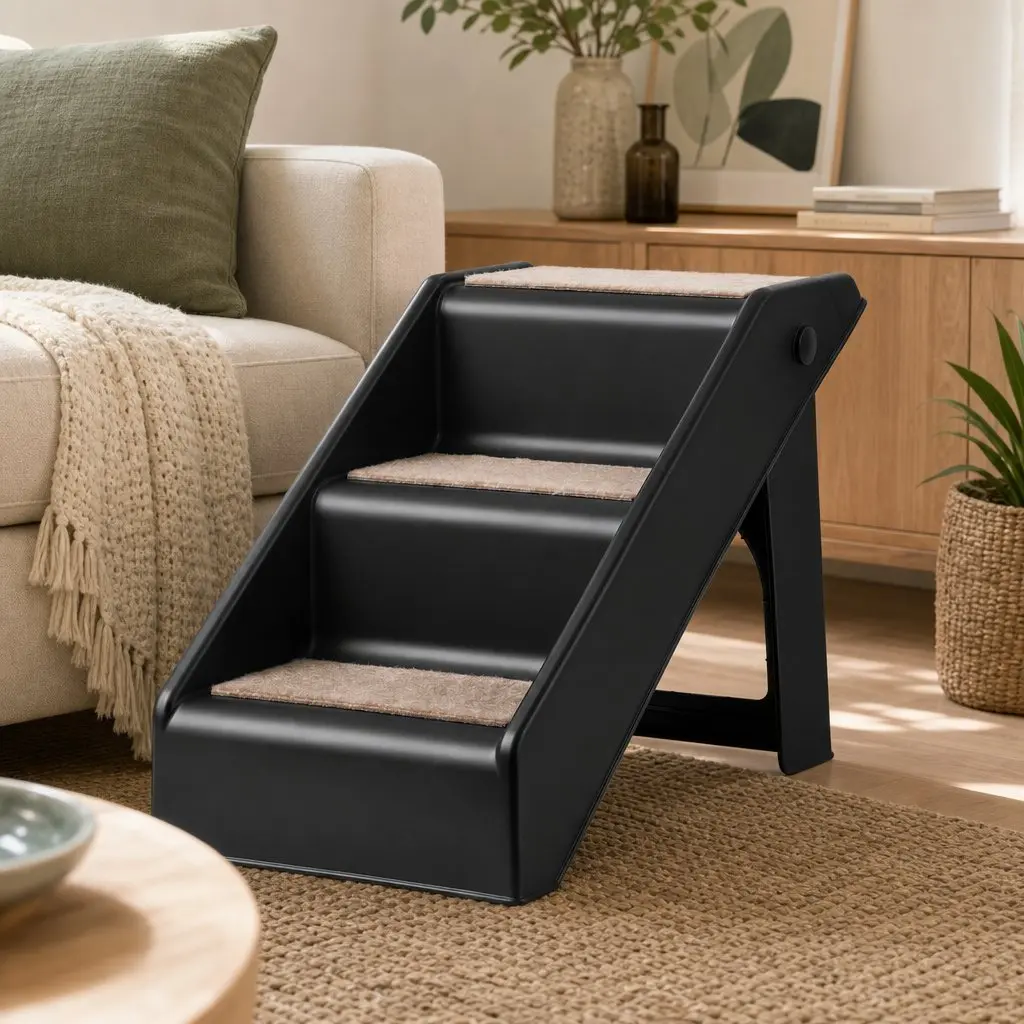 Dog Ramp Black 3 Steps Foldable Ladder for Bed Sofa Car