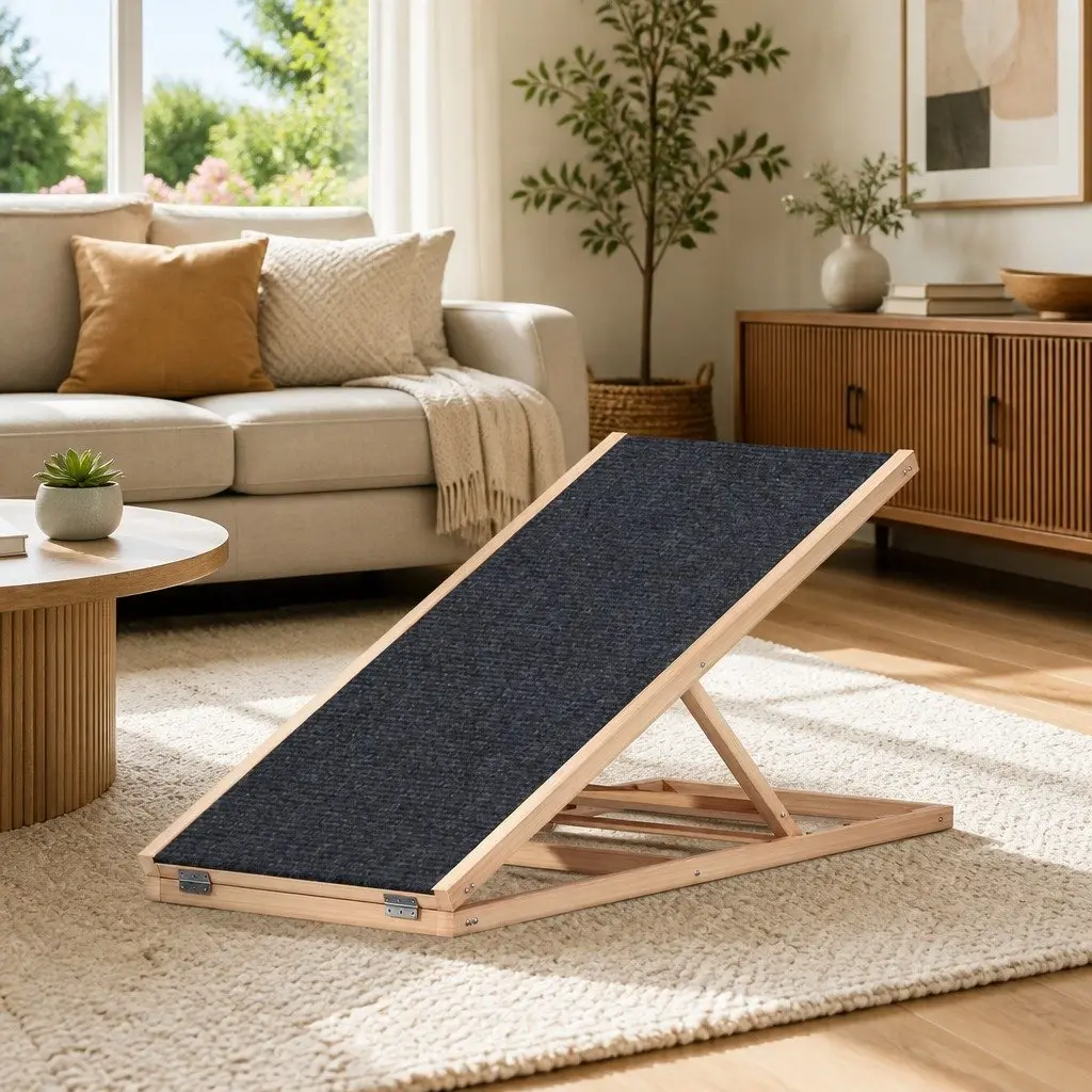 Dog Ramp Steps Natural 100cm Adjustable Height Wooden Foldable Pet Stairs for Bed Sofa Car