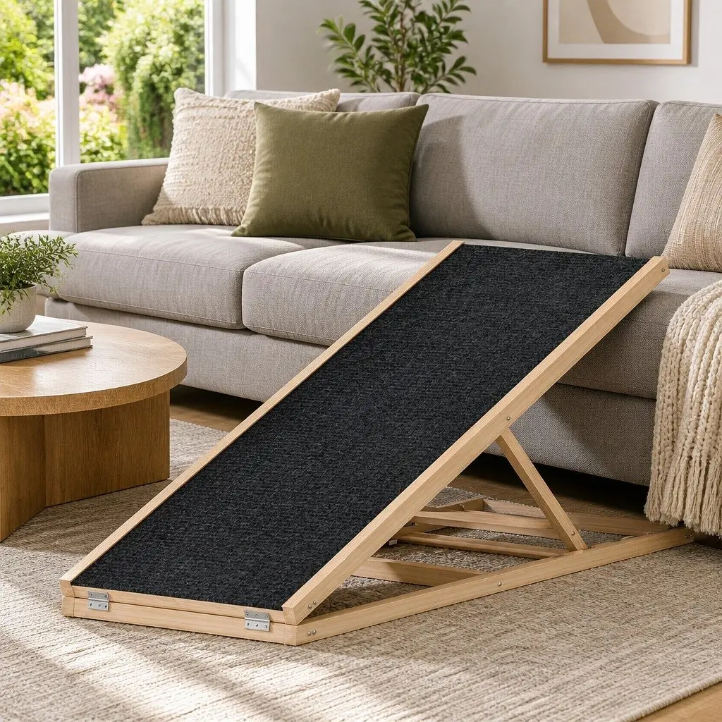Dog Ramp Steps Natural 100cm Adjustable Height Wooden Foldable Pet Stairs for Bed Sofa Car