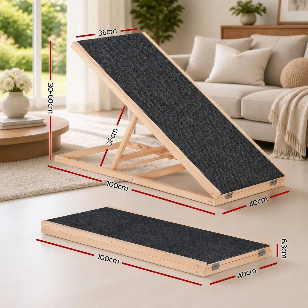 Dog Ramp Steps Natural 100cm Adjustable Height Wooden Foldable Pet Stairs for Bed Sofa Car