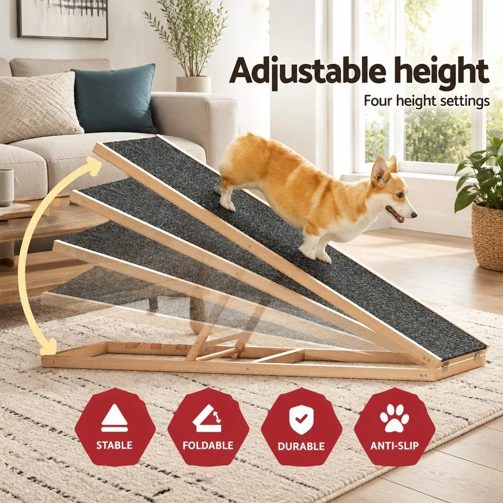 Dog Ramp Steps Natural 100cm Adjustable Height Wooden Foldable Pet Stairs for Bed Sofa Car